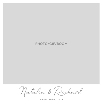 Neutral layout with large square photo area and simple black and gray text at the bottom.