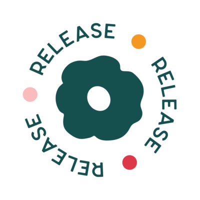 Halcyon Online Therapy Tagline Logo, with the word "Release" repeating three times around a flower illustration