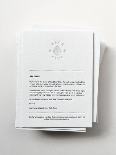 Letterpress welcome cards for Stone & Wood Beer Club Byron Bay