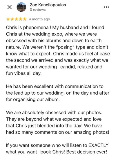 5 Star Testimonial written about Underatreehouse Photographer Chris on Google by a Wedding Couple. The best relaxed and natural Central Coast, Sydney and Hunter Valley Wedding and Elopement Photography