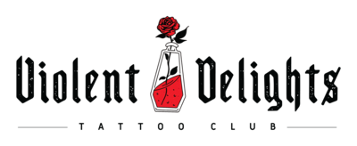 A black and red logo for Violent Delights Tattoo Club and a coffin shaped poison bottle and rose.