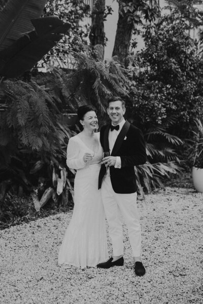 Elegant and sophisticated Elopement in Pearl Beach, NSW with a mature looking couple. Black and white image.