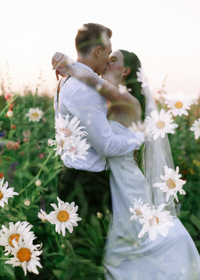 bride and groom kissing with daisies all around them