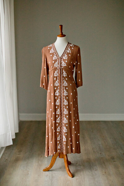 free people dress with long sleeves in brown with white embroidered thread