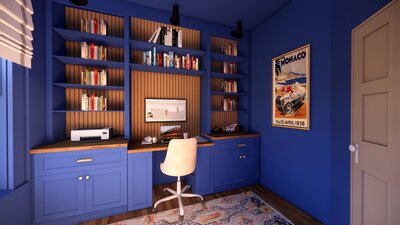 An office rendering with ocean blue built ins
