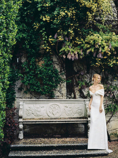 A wedding photo of a bride in a white dress at Villa Balbiano in Lake Como in Italy