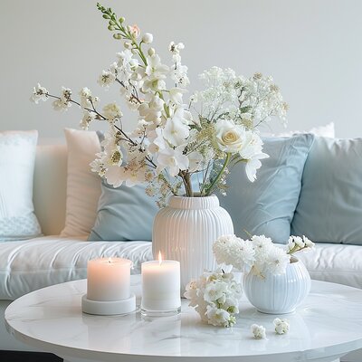 Soft white couch with candles and flowers styled for calm, creative energy — visual for blog podcast collection on starting a profitable blog