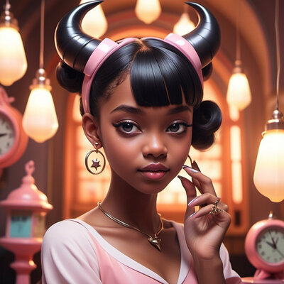 Girl with a bun and black horns shows off acrylic sculpted nails