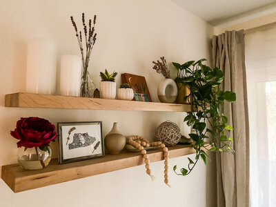 open shelving with styling home decor and plants with soft wall color