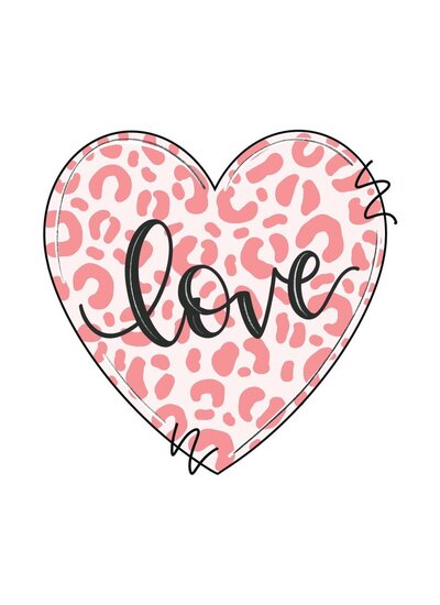 Love in black lettering on pink leopard print in a heart
