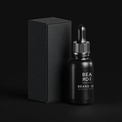 Black Beard One Products beard oil bottle with dropper and packaging on a black background