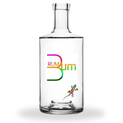 Clear glass bottle featuring the colourful “Rum Bum” logo and a rainbow gecko graphic near the base.
