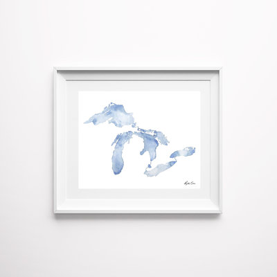 great lakes blue silhouette watercolor art print mockup