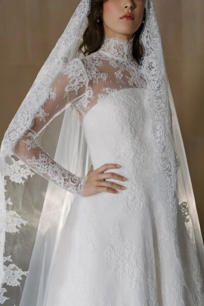 Bride in lace long-sleeve gown with veil.