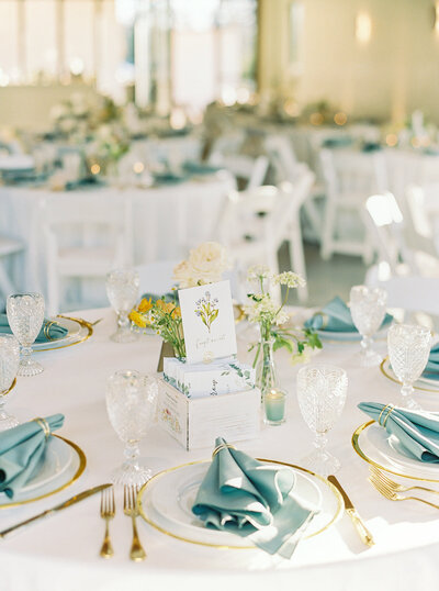 Blue wedding table setting at the Grand Lady in Texas