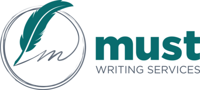Must Writing Services logo with teal feather icon