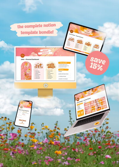 Notion bundle of templates including a notion project portal for client work, notion studio dashboard business planner, notion personal planner, and notion content planner for social media, for business owners, graphic designers, brand designers, and creatives. Instagram planner, Facebook planner, Tiktok planner, Threads planner, Linkedin planner, youtube planner, newsletter planner,  blog planner