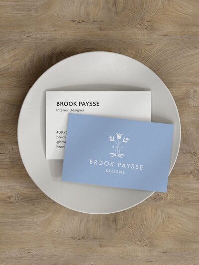 Business card design for Brook Paysse, Interior Designer, featuring the full logo and contact info with a soft, elevated presentation that reflects her approachable sophistication.