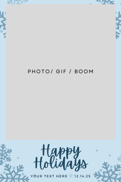 Winter-themed light blue photo strip with snowflake accents and “Happy Holidays” message.
