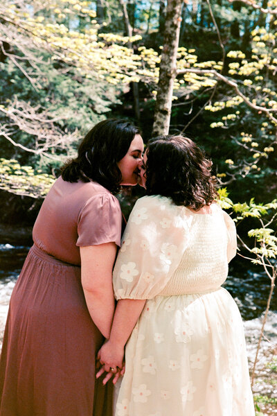 Book mill engagement session on film, Lesbian engagement photos on film, Queer film wedding photographer