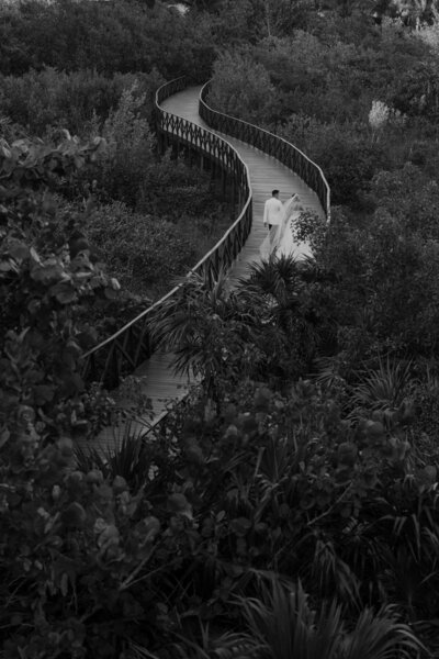 Drone photo of a Cancun wedding at Hotel Atelier — the couple walks on a bridge among foliage