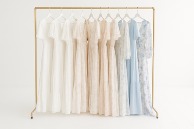 Neutral and pastel dresses styled on a gold rack for motherhood and family sessions — part of a Kansas City photographer’s client wardrobe collection.