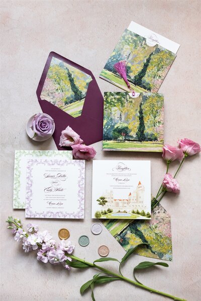 Burgundy pocket-fold & Gold Foil wedding invitation