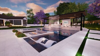 Modern backyard design with ADU spa house and outdoor kitchen with luxury natural materials.
