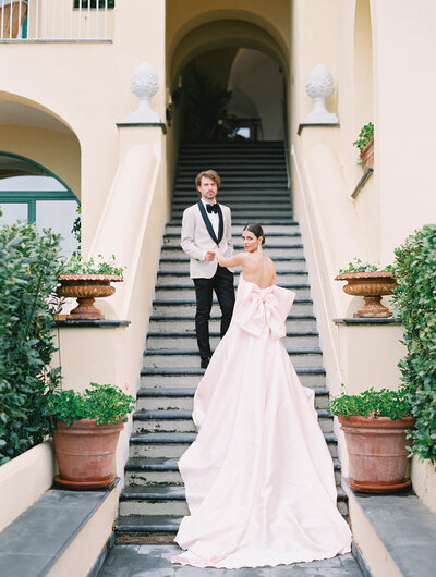 Bride and groom at Belmond Hotel Caruso in Ravello destination wedding in Amalfi Coast Italy