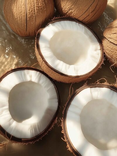 Fresh coconuts cut in half