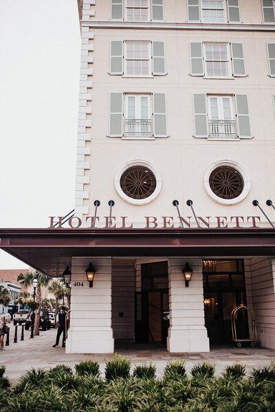 Main entrance oh hotel Bennett. Name in big letters on canopy