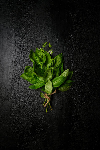 a rustic bundle of garden grown basil against a black textured background
