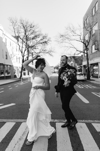 Stylish bride and groom on Newbury street