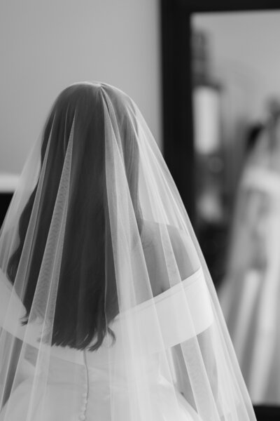 Black and white portrait of the bride at Tortworth Court, Cotswold wedding venue