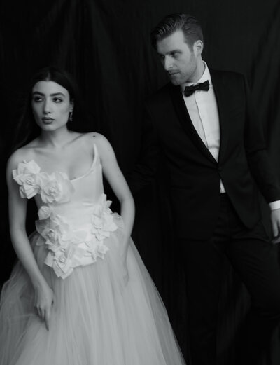 black and white editorial photograph bride and groom