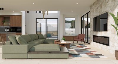 The inviting living area at Nova, Newport, featuring a natural stone fireplace, expansive windows, and a harmonious blend of textures and materials.