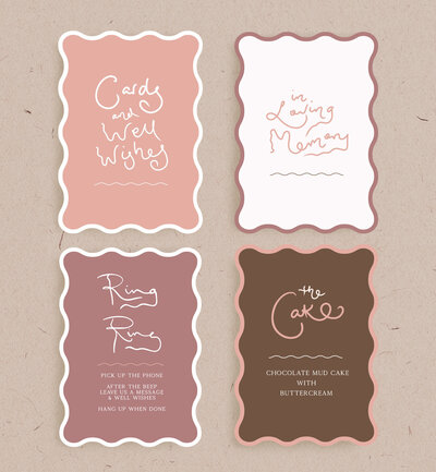 4 options for small signage for your wedding, cake sign, gifts sign, guest bok sign, memory sign