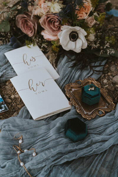 details flat lay photo of ring in ring box, bouquet, and vow books by Yosemite elopement photographer Kasey Mantiply