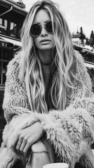 A figure with long hair and sunglasses wears a fluffy coat, embodying the brand identity of Sweet Pea Ink Creative, while sitting outdoors against a backdrop of urban architecture. The black-and-white image captures the essence of modern sophistication.