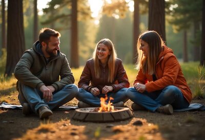 A group of friends sitting around a warm campfire at sunset, enjoying a private glamping experience during a luxury overland trip