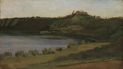 Painting of a castle on a hill facing a large lake surrounded by beautiful green open land