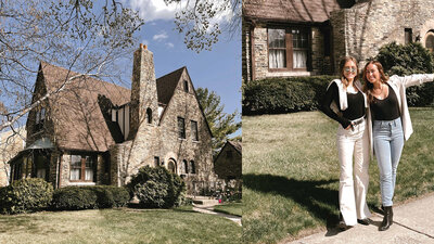 two women in front of tudor house