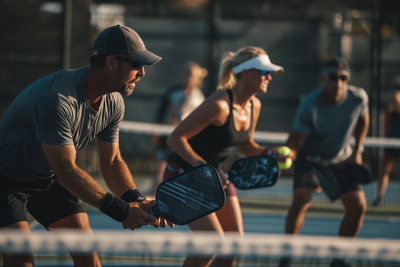 Advanced pickleball player lunging toward the net to return a shot, demonstrating precision and control on the court - LifeNBalance Pickleball Coaching with Mark Sullivan