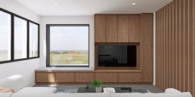 A beautifully designed upstairs living area at Nova, Newport, with abundant natural light, and modern furnishings.