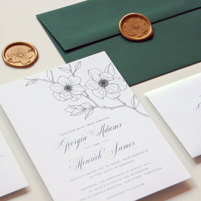 botanical wedding invitation set with fine line florals