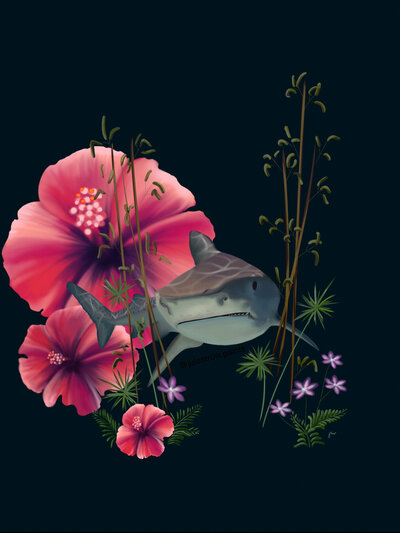 A tiger shark swims through a jungle of bamboo and hibiscus flowers, illustrated against a dark background.