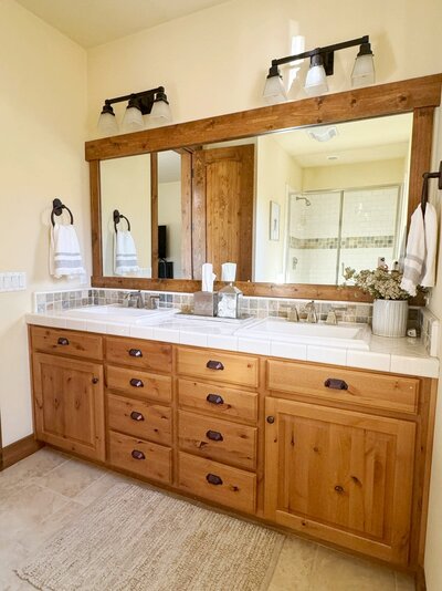 Bathroom at Pyramid Peak Adventure House, Mammoth Lakes, with high-end fixtures and spacious design.