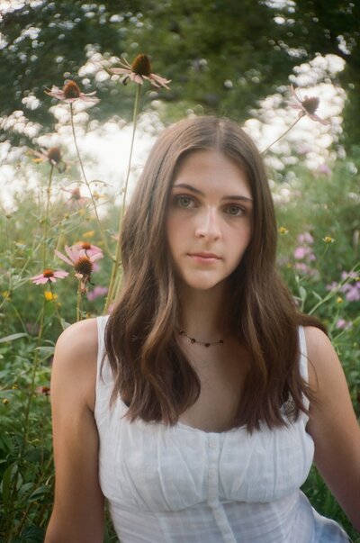Cinematic high school senior at Shaws Nature Reserve in Grey Summit Missouri on 35 mm film
