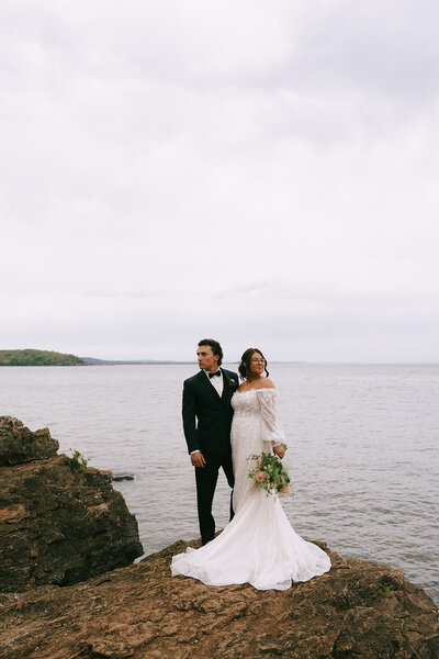 Portrait of elopement photo at Black Rocks Presque Isle Park in Marquette Michigan