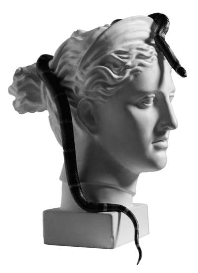 bust statue with a snake draped over